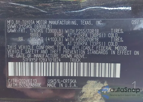 2011 Toyota Tundra Grade 5.7L V8 из США, поврежденный, VIN 5TFRY5F12BX101824